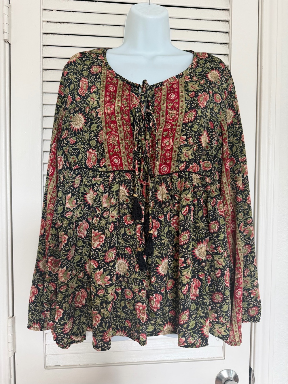 Anthropologie RAGA Boho Floral Tassel Tie Peasant Blouse Long Sleeve Top L